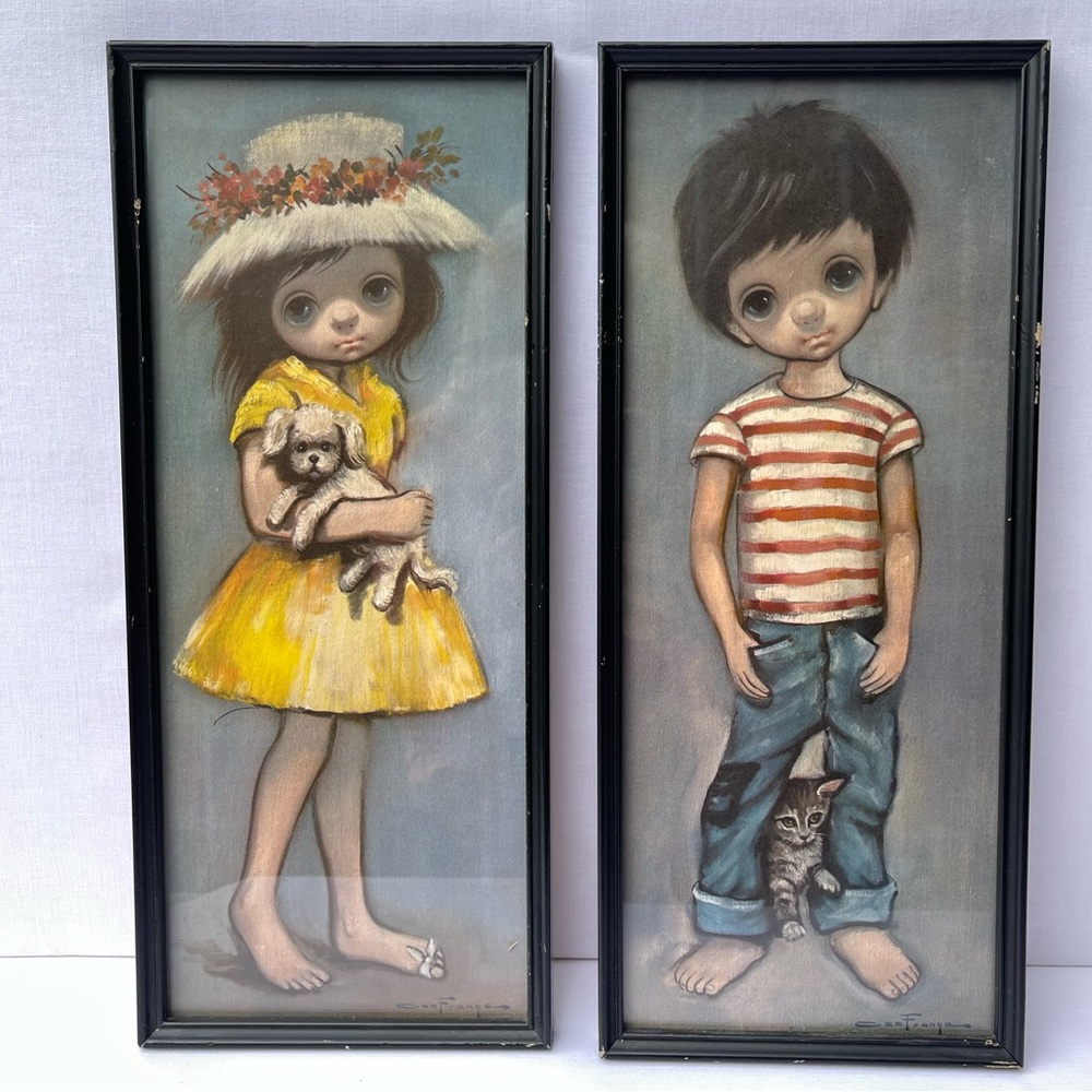 Vintage Framed “Big Eye” Boy and Girl Art Prints by Ozz Franca